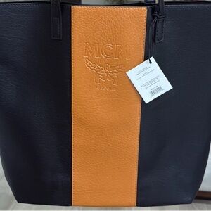 MCM Black Leather Tote with Orange Center Stripe